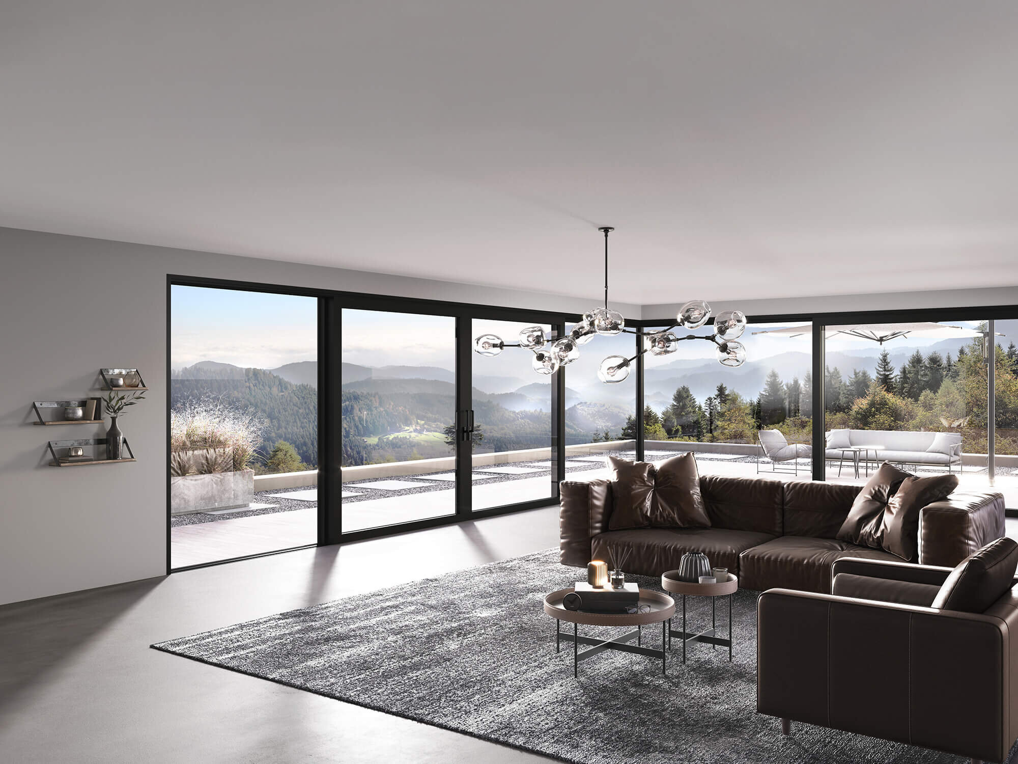 Stilvolle Außenterrasse mit Lamellendach und Beleuchtung Modernes Wohnzimmer mit großzügigen Hebeschiebetüren, die einen weiten Ausblick ermöglichen