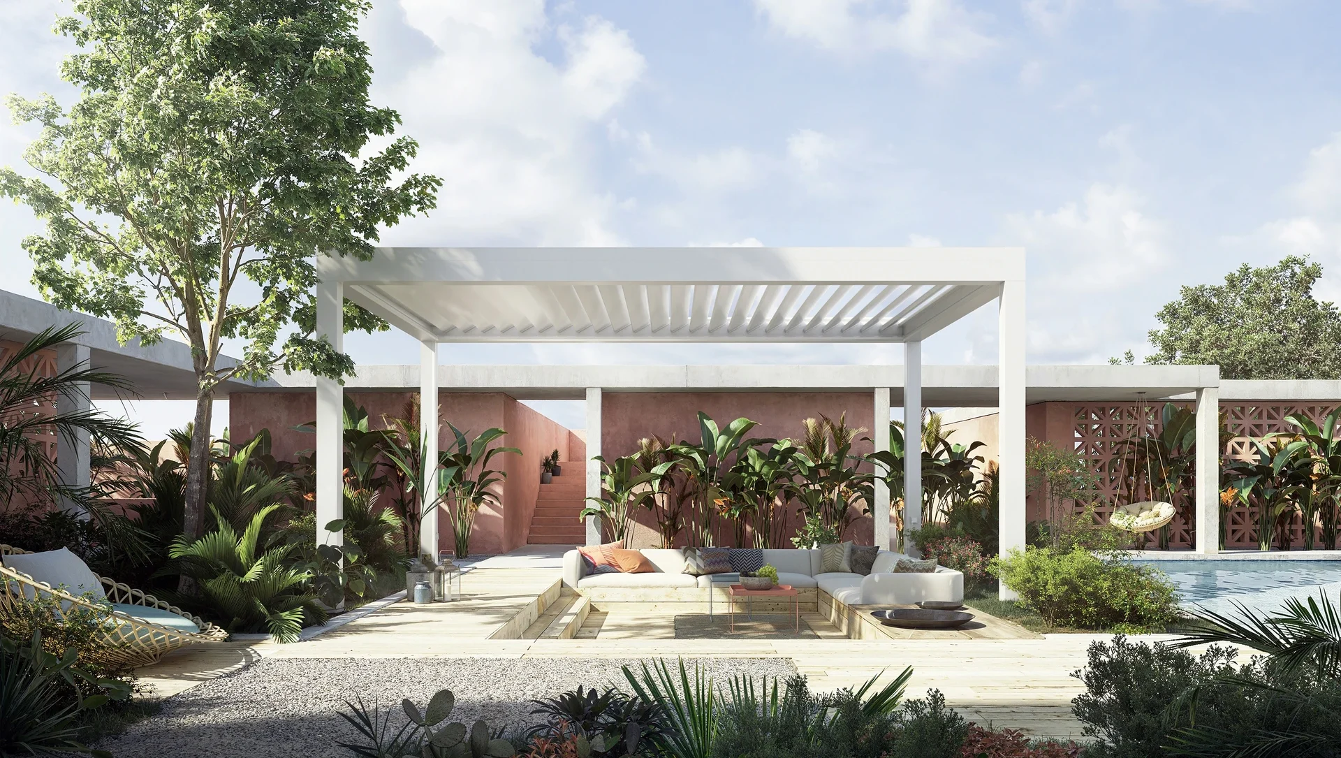 Moderne Gartenlandschaft mit Lounge-Bereich und Pergola